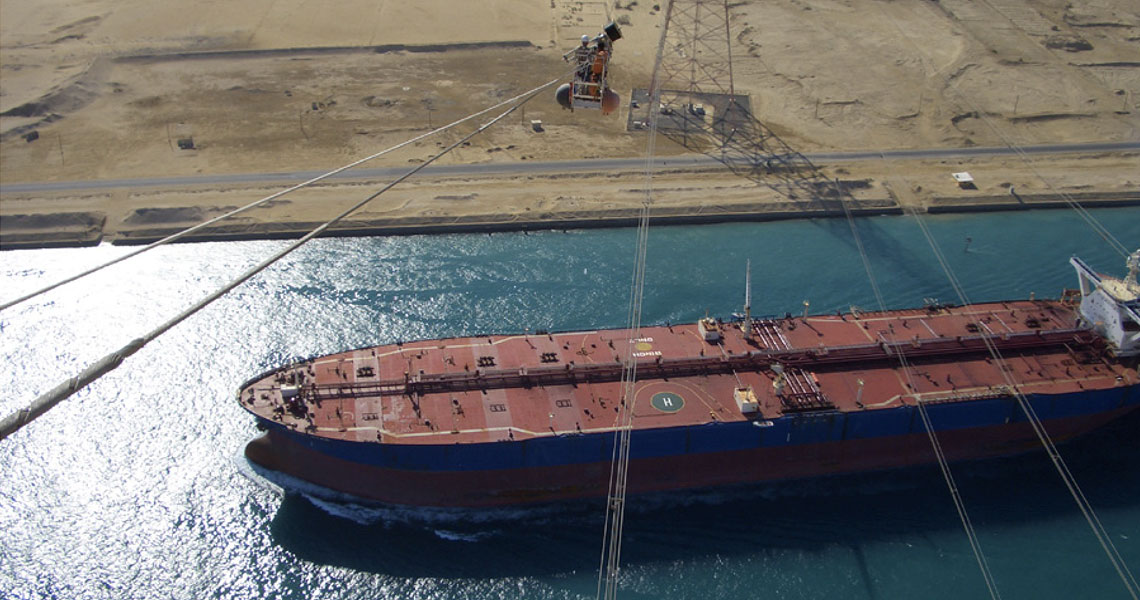 Suez Canal Fibre Optic Transmission Crossing with Tratos Skywrap